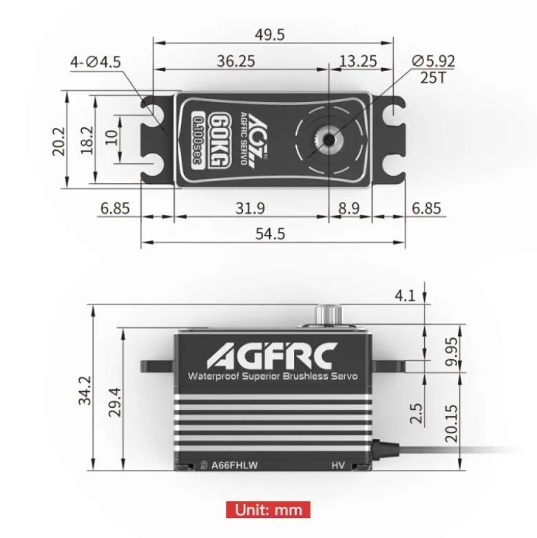 AGF-RC A66FHLWA66FHLW Premium HV Brushless Low Profile Servo Alugehäuse 60kg / 0,1 sek bei 8,4V