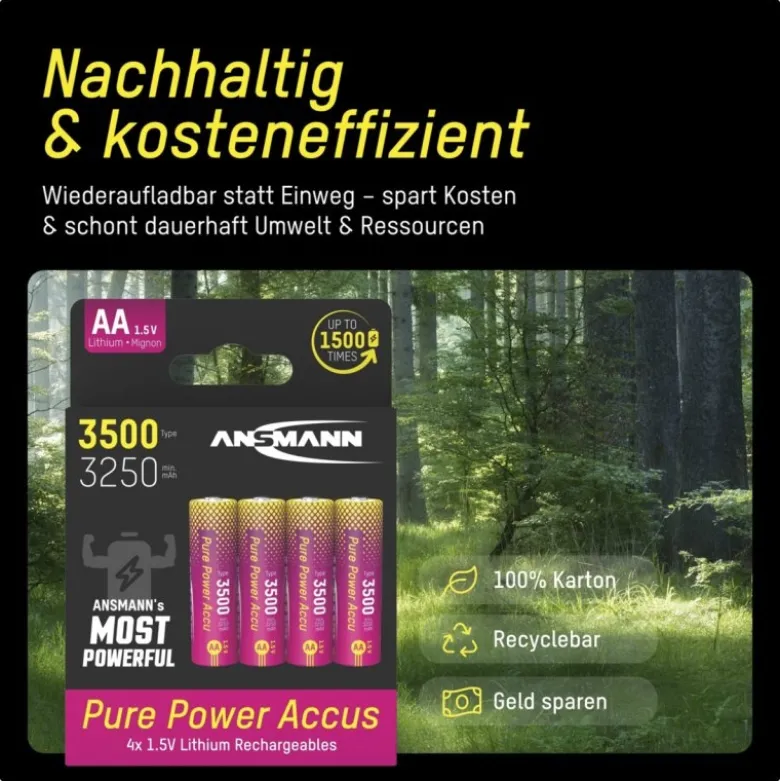 Ansmann 152123Pure Power 3500mAh Li-Ion Akku Mignon AA, 4er Blister