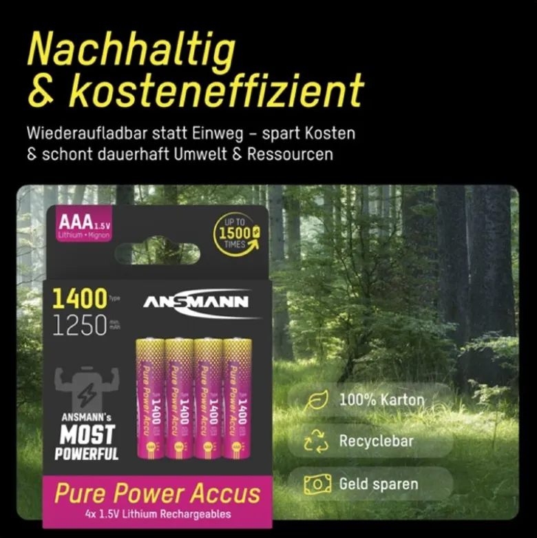 Ansmann 152119Pure Power 1400mAh Li-Ion Akku Micro AAA, 4er Blister