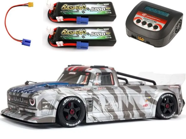 ARRMA ARA7615V2T2SET2INFRACTION 6S BLX 1/7 All-Road Truck RTR, Silber 6S Spar-Set inkl. 2x3S 5000mAh LiPo Akku, 6A Ladegerät & Ladekabel