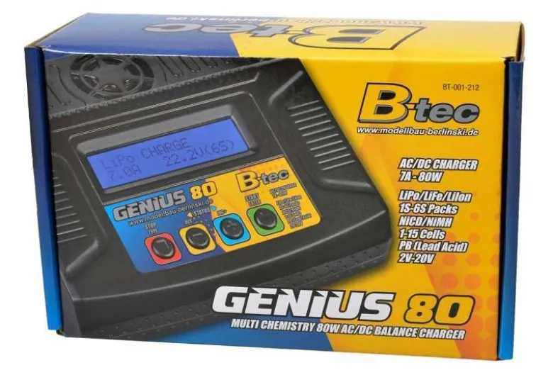 B-tec BT-001-212Genius 80 Ladegerät AC/DC 80 Watt 1-6S 7A mit Ladekabel T-Plug
