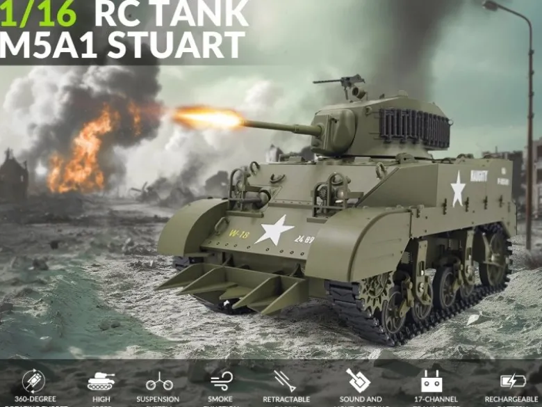 EXHOBBY EXAC01083GB2M5A1 Stuart RC Panzer 1:16, grün mit Rauch, Laufanhebung, 360-Grad-Turmdrehung, KEIN Schießen