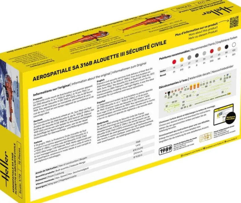Heller 56289STARTER KIT Alouette III Sécurité Civile Plastikbausatz 1:72 inkl. Kleber, Pinsel und Hauptfarben