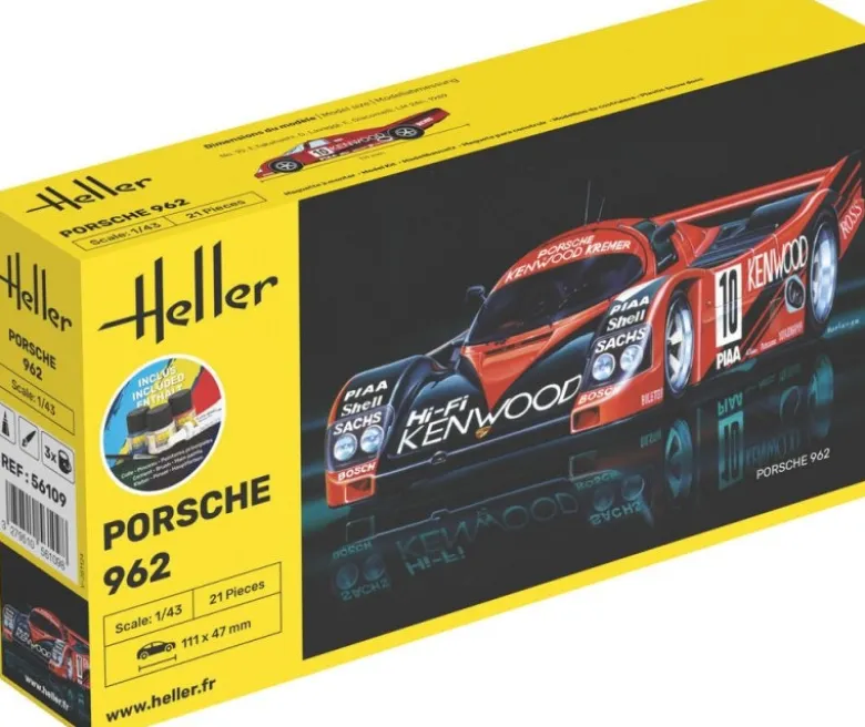 Heller 56109STARTER KIT Porsche 962 Plastikbausatz in 1:43 inkl. Kleber, Pinsel und Hauptfarben