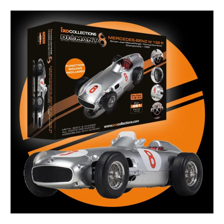 IXO 520010118Mercedes W196 Fangio #8 1:8 Standmodellbausatz 451 Teile - Hochdetailliert mit Sound