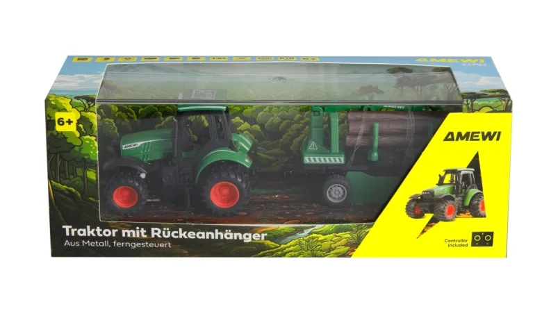 NEUAMEWI 22792Traktor aus Metall mit Rückeanhänger, Ladekran 1:64 RTR grün