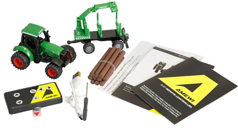 NEUAMEWI 22792Traktor aus Metall mit Rückeanhänger, Ladekran 1:64 RTR grün