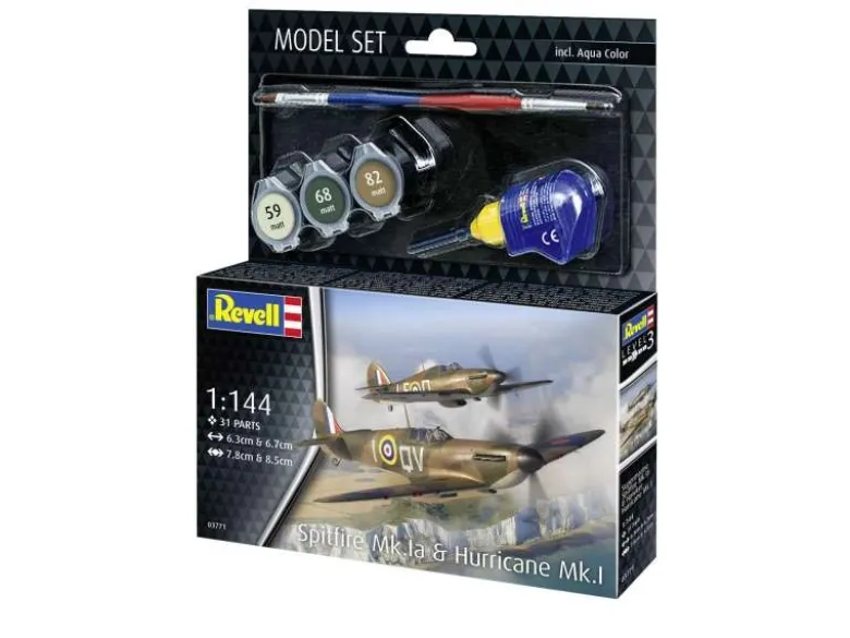 Revell 63771Model Set Spitfire Mk.Ia & Hurricane Mk.I Bausatz 1:144 inkl. Pinsel, Farben und Kleber