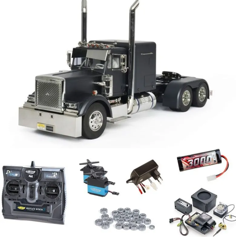 Tamiya 300056356MFCGrand Hauler schwarz matt 1:14 Komplettset + MFC-01, Lager mit carbon-Look Funke