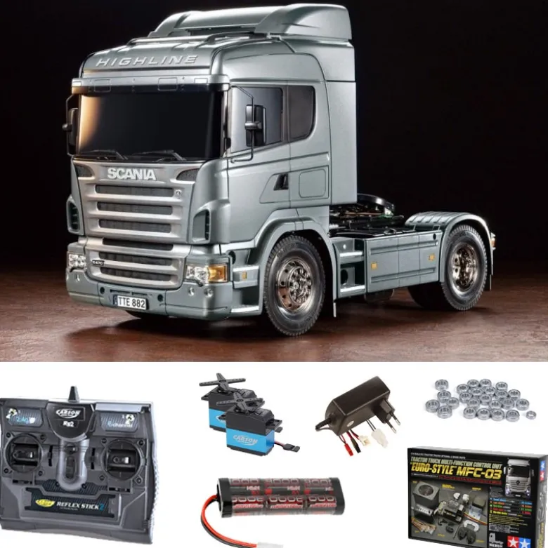 Tamiya 56364MFCScania R470 Silber 1:14 Truck Set inkl. MFC-03, Kugellager mit Carbon-Look Funke
