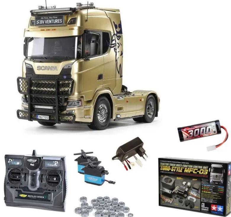 Tamiya 56379MFCScania 770 S 4x2 Truck Bausatz, 1:14 Komplettset mit MFC-03 mit Carbon-Look Funke