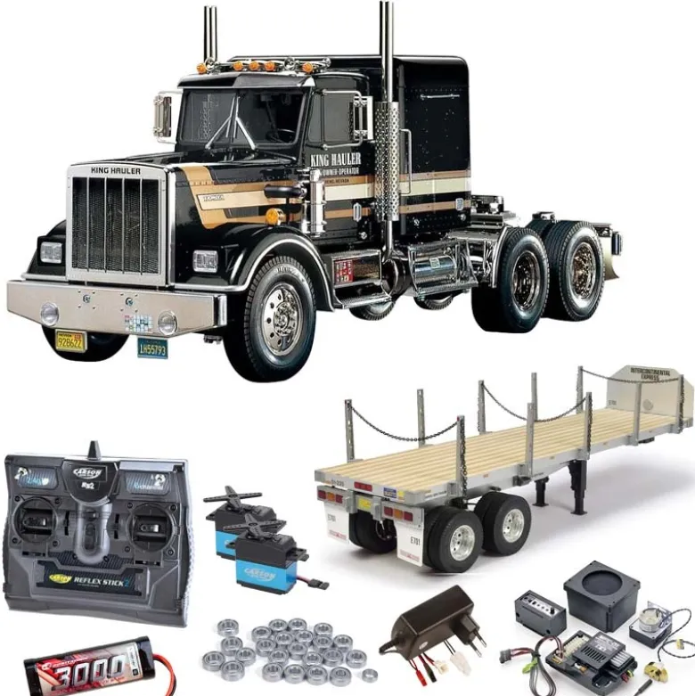 Tamiya 56336SET3King Hauler Black Edition komplett + MFC-01, Flachbett,Lager mit Carbon-Look Steuerung