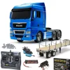 Tamiya 56370SET3MAN TGX 26.540 3-Achs 6x4 Hellblau Metallic 1:14 RC Bausatz Set mit MFC-03, Flachbett, Lager, Carbon-Look Funke