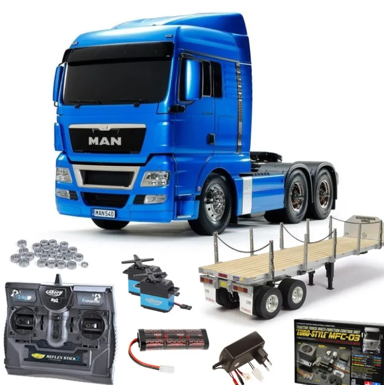 Tamiya 56370SET3MAN TGX 26.540 3-Achs 6x4 Hellblau Metallic 1:14 RC Bausatz Set mit MFC-03, Flachbett, Lager, Carbon-Look Funke