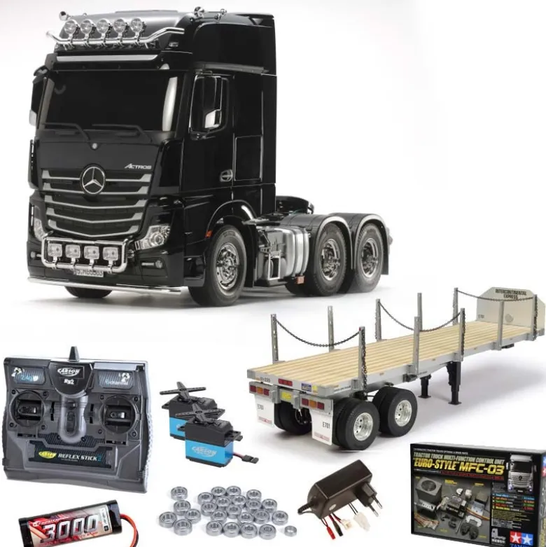 Tamiya 56348SET3MB Actros 3363 Giga 6x4 Komplett+ MFC-03, Flachbett, Lager mit Carbon-Look Steuerung