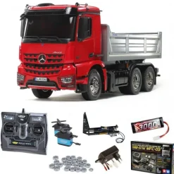 Tamiya 56361SET2MB Arocs 3348 1:14 Muldenkipper Truck 6x4 Bausatz rot/silber Set MFC, Carbon Funke, Spindelantrieb, Servos, Akku+Lader