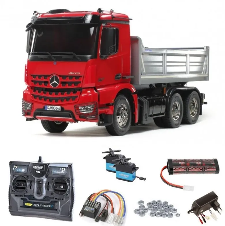 Tamiya 56361SETMB Arocs 3348 1:14 Muldenkipper Truck 6x4 Bausatz rot/silber mit Carbon-Look Steuerung