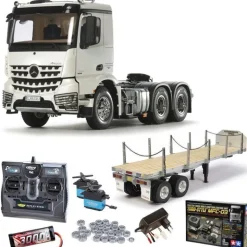 Tamiya 56352SET3Mercedes Benz Arocs 3363 6x4 ClassicSpace 1:14 Komplettset MFC-03, Flachbett-Auflieger, Kugellager, Carbon-Look Funke