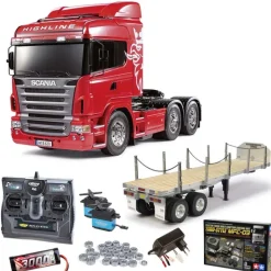 Tamiya 56323SET3Scania R620 3-Achs 6x4 inkl. MFC-03, Flachbett, Lager mit carbon-Look Steuerung