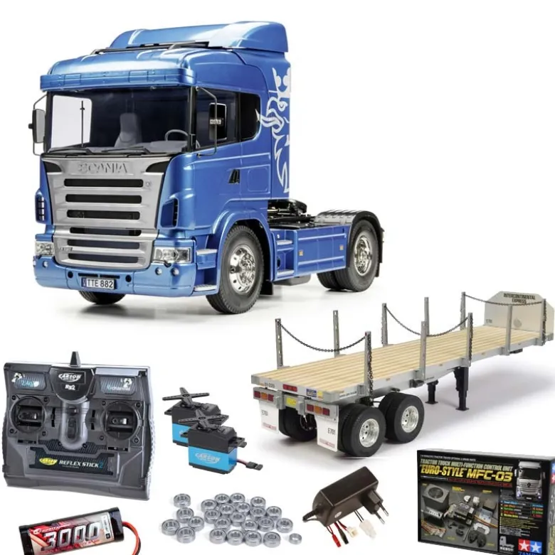 Tamiya 56318SET3Scania R470 Highline komplett inkl. MFC-03, Flachbett, Lager mit carbon-Look Steuerung
