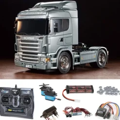 Tamiya 56364SET2Scania R470 Silber Edition 1:14 Komplettset +LED, Kugellager mit Carbon-Look Funke
