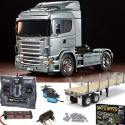 Tamiya 56364SET3Scania R470 Silber 1:14 Set + MFC-03, Flachbett, Kugellager mit Carbon-Look Funke