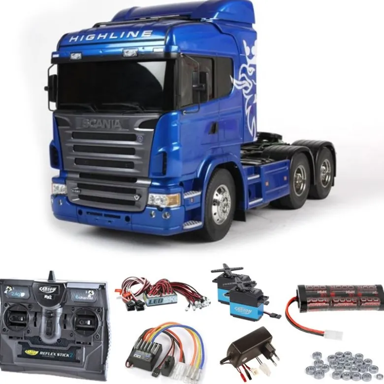 Tamiya 56327SET2Scania R620 6x4 Highline Blue Edition Komplett + LED, Lager mit Carbon-Look Steuerung