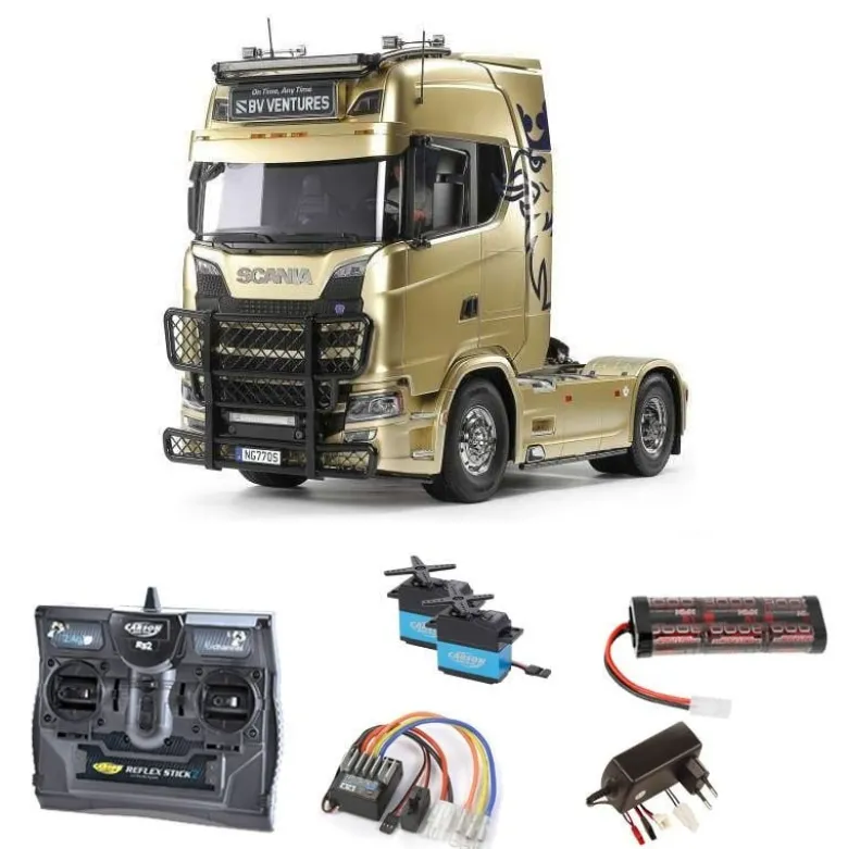 Tamiya 56379SETScania 770 S 4x2 Truck Bausatz, 1:14 Komplettset mit Carbon-Look Steuerung