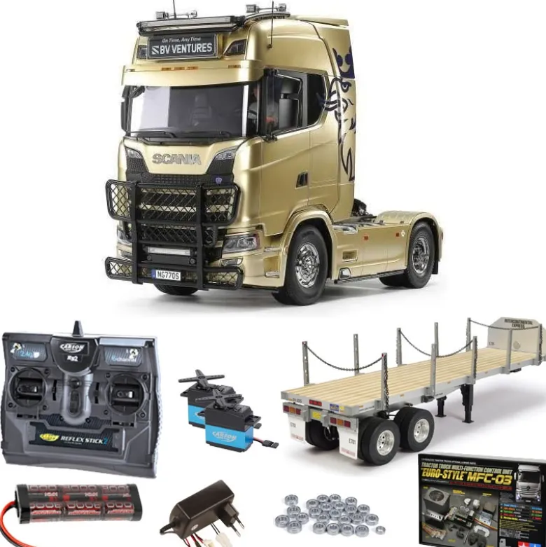 Tamiya 56379SET3Scania 770 S 4x2 Truck Bausatz, 1:14 Komplettset mit MFC-03, Flachbett, Lager, Carbon-Look Funke