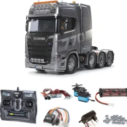 Tamiya 56376SET2Scania 770S 8x4/4 Truck 1:14 Gun Metall Komplettset + LED mit Carbon-Look Funke