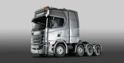 Tamiya 56371SET3Scania 8x4/4 4-Achs Truck 1:14 Bausatz Set MFC-03, Flachbett mit Carbon-Look Funke