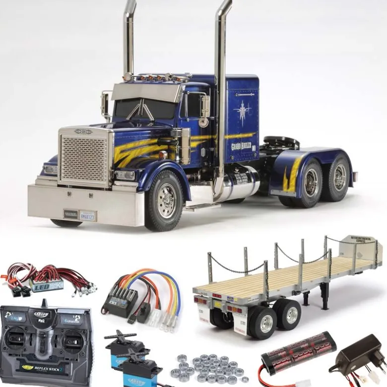 Tamiya 56344SETTRGrand Hauler Customized komplett inkl. Flachbett, LED, Lager mit Carbon-Look Steuerung
