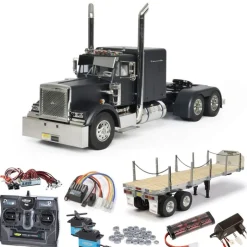 Tamiya 300056356SETTRGrand Hauler schwarz matt 1:14 Set mit Flachbett, LED, Lager mit Carbon-Look Funke