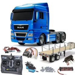 Tamiya 56370SETTRMAN TGX 26.540 3-Achs 6x4 Hellblau Metallic 1:14 RC Bausatz Komplettset + Flachbett, LED, Lager, Carbon-Look Funke