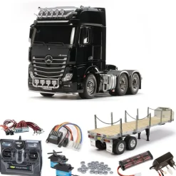 Tamiya 56348SETTRMB Actros 3363 Giga 6x4 Komplettset + Flachbett, LED, Lager mit Carbon-Look Steuerung