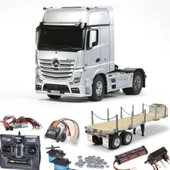 Tamiya 56335SETTRMercedes Benz Actros 1851 komplett + Flachbett, LED, Lager mit Carbon-Look Steuerung