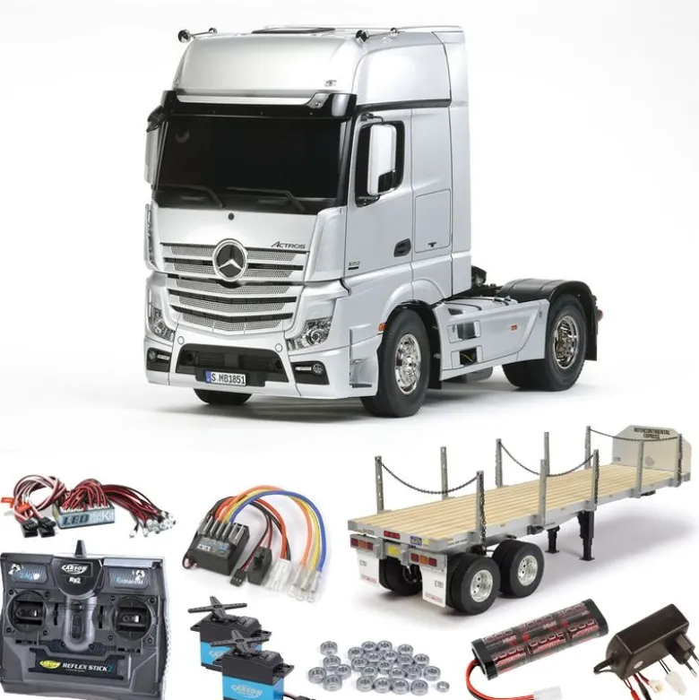 Tamiya 56335SETTRMercedes Benz Actros 1851 komplett + Flachbett, LED, Lager mit Carbon-Look Steuerung