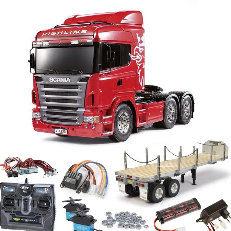 Tamiya 56323SETTRScania R620 3-Achs 6x4 komplett inkl. Flachbett, LED, Lager mit Carbon-Look Steuerung