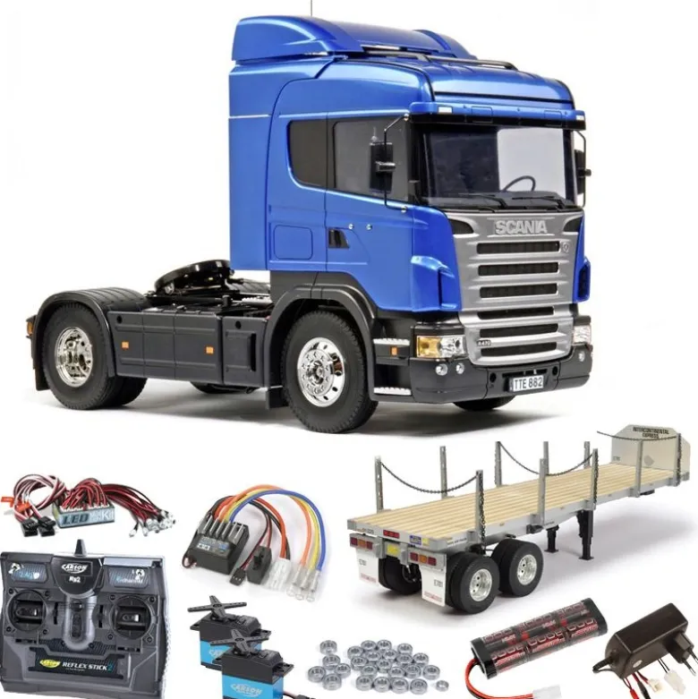 Tamiya 56318SETTRScania R470 Highline komplett + Flachbett, LED, Kugellager mit Carbon-Look Steuerung