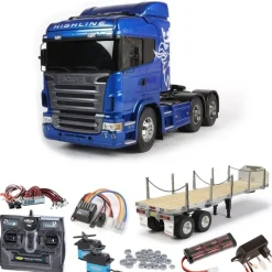 Tamiya 56327SETTRScania R620 6x4 Highline Blue komplett, Flachbett, LED,Lager mit Carbon-Look Steuerung