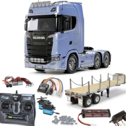 Tamiya 56368SETTRScania 770 S V8 6x4 1/14 Truck Bausatz Set + Flachbett, LED mit Carbon-Look Funke