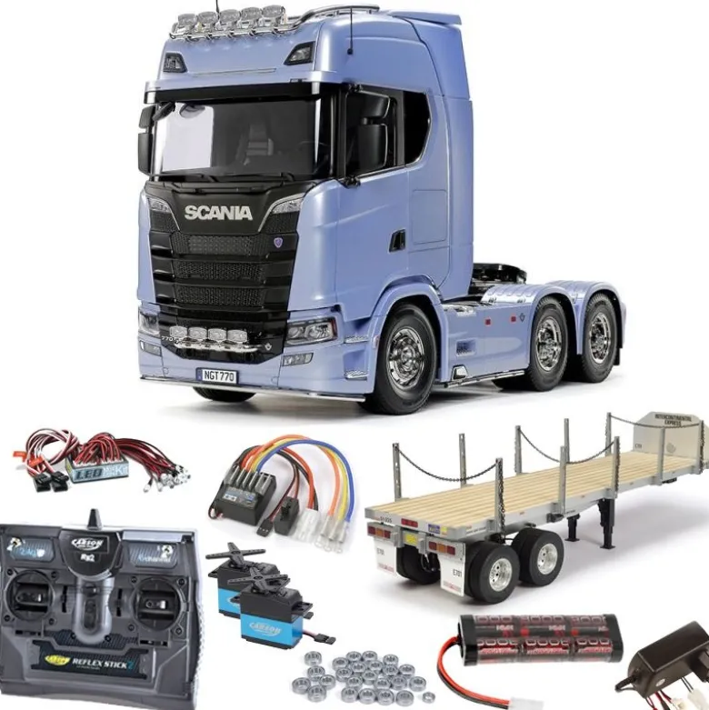 Tamiya 56368SETTRScania 770 S V8 6x4 1/14 Truck Bausatz Set + Flachbett, LED mit Carbon-Look Funke
