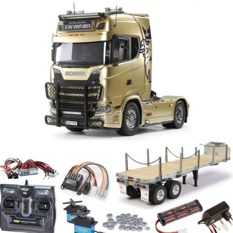 Tamiya 56379SETTRScania 770 S 4x2 Truck Bausatz, 1:14 Komplettset mit Flachbett-Auflieger, LED, Lager, Carbon-Look Funke