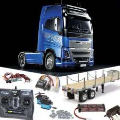 Tamiya 56375SETTRVolvo FH16 XL 750 4x2 Globetrotter Truck 1:14 SETTR Komplettset + Flachbett,LED-Licht Carbon-Look Funke