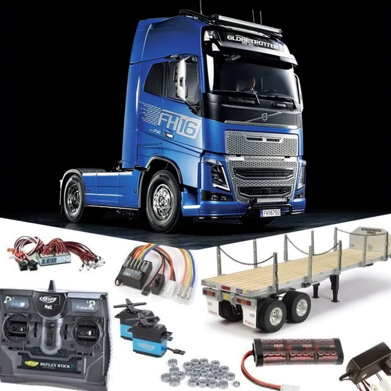 Tamiya 56375SETTRVolvo FH16 XL 750 4x2 Globetrotter Truck 1:14 SETTR Komplettset + Flachbett,LED-Licht Carbon-Look Funke