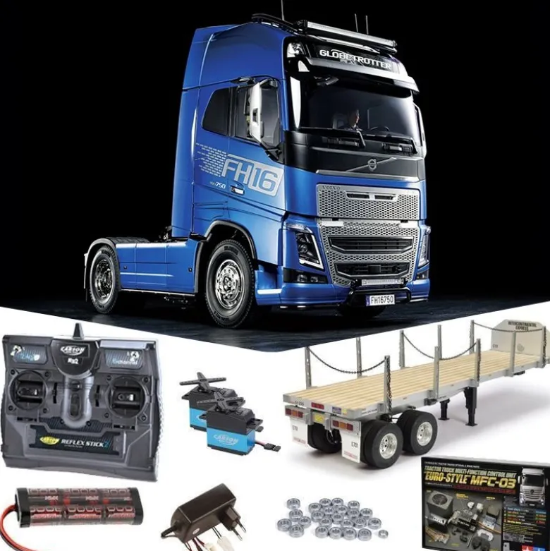 Tamiya 56375SET3Volvo FH16 XL 750 4x2 Globetrotter Truck 1:14 SET3 Komplettset + MFC-03, Flachbett, Carbon-Look Funke