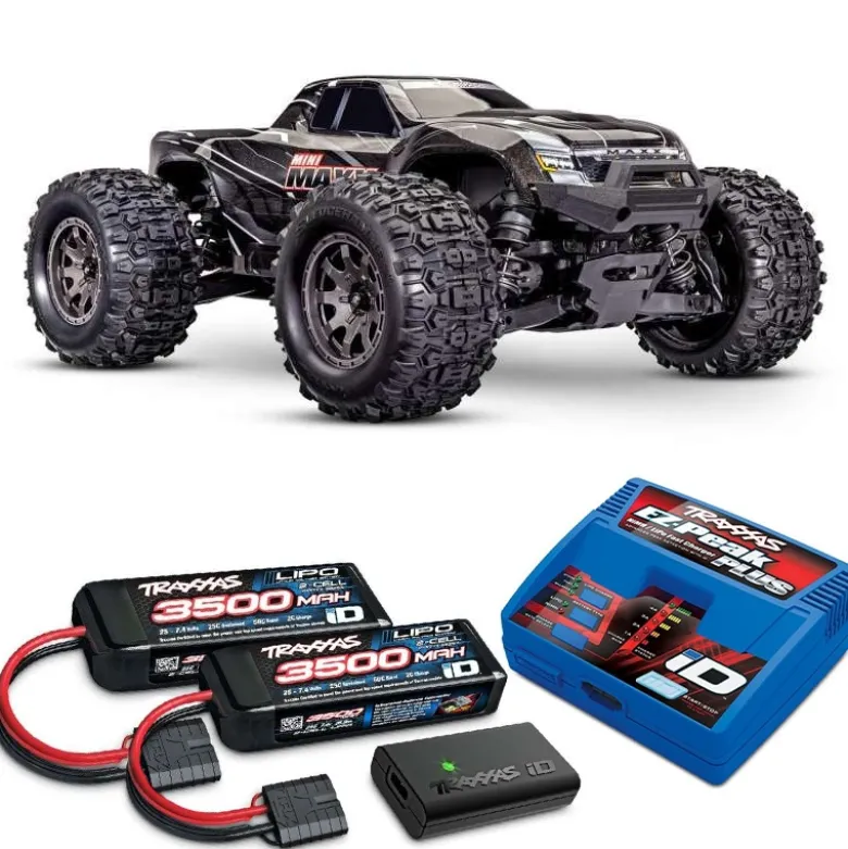 Traxxas 107154-1-BLKSET1MINI-MAXX 4WD BL-2S Brushless, HD-Teile, RTR, schwarz Set mit zweitem Akku und EZ-Peak Plus Ladegerät