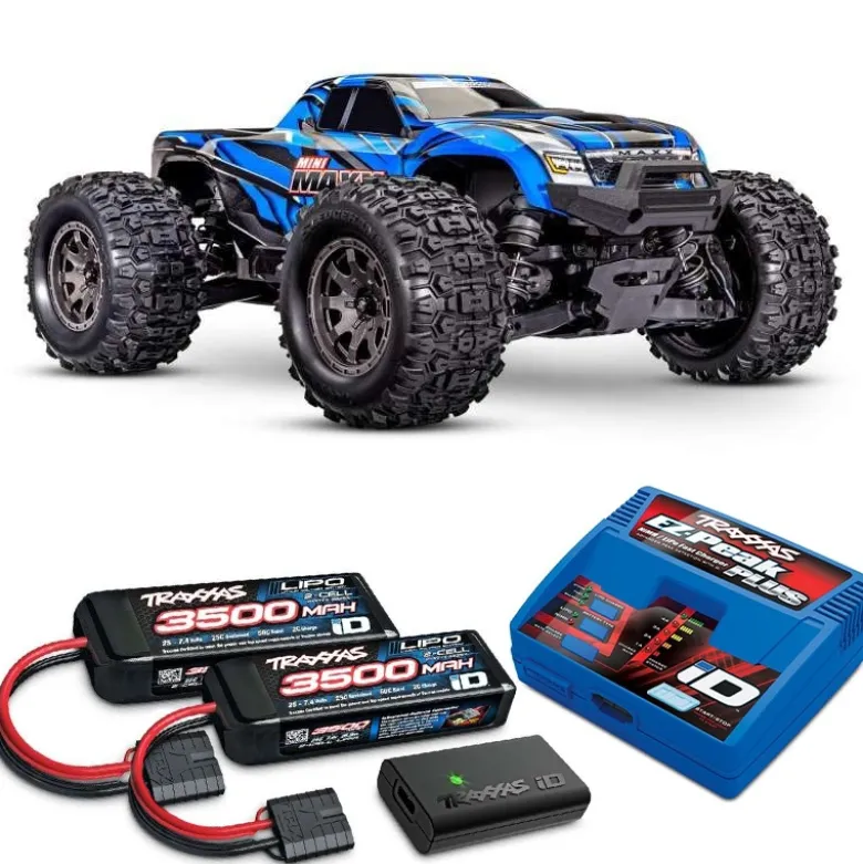 Traxxas 107154-1-BLUESET1MINI-MAXX 4WD BL-2S Brushless, HD-Teile, RTR, blau Set mit zweitem Akku und EZ-Peak Plus Ladegerät