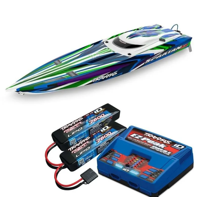 Traxxas 103076-4-GRNSET2SPARTAN SR 36-Zoll Rennboot Brushless RTR, grün Set 2 mit Traxxas Duo Ladegerät + 2x 2S LiPo-Akku 7600mAh