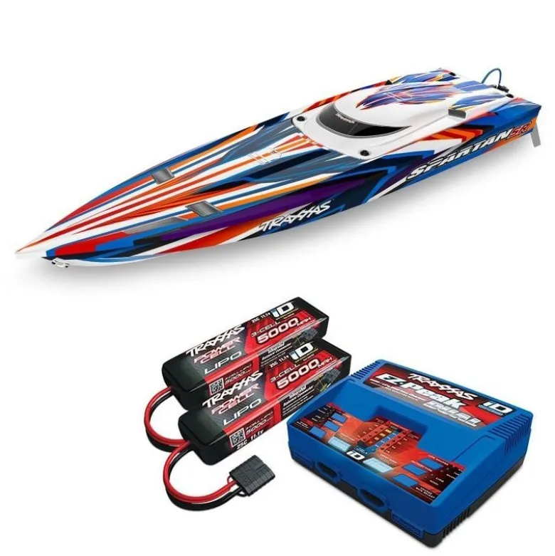 Traxxas 103076-4-ORNGSET1SPARTAN SR 36-Zoll Rennboot Brushless RTR, orange Set 1 mit Traxxas Duo Ladegerät + 2x 3S LiPo-Akku 5000mAh